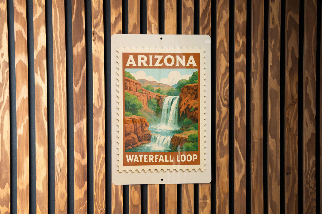 A sign for the Waterfall Loop in Arizona is displayed on a wooden wall.