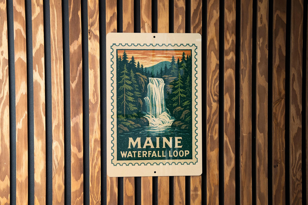A sign for Maine Waterfall Loop is displayed on a wooden wall.