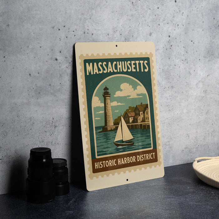 A vintage-style metal sign for the Massachusetts Historic Harbor District, featuring a lighthouse and a sailboat, is displayed on a gray countertop.