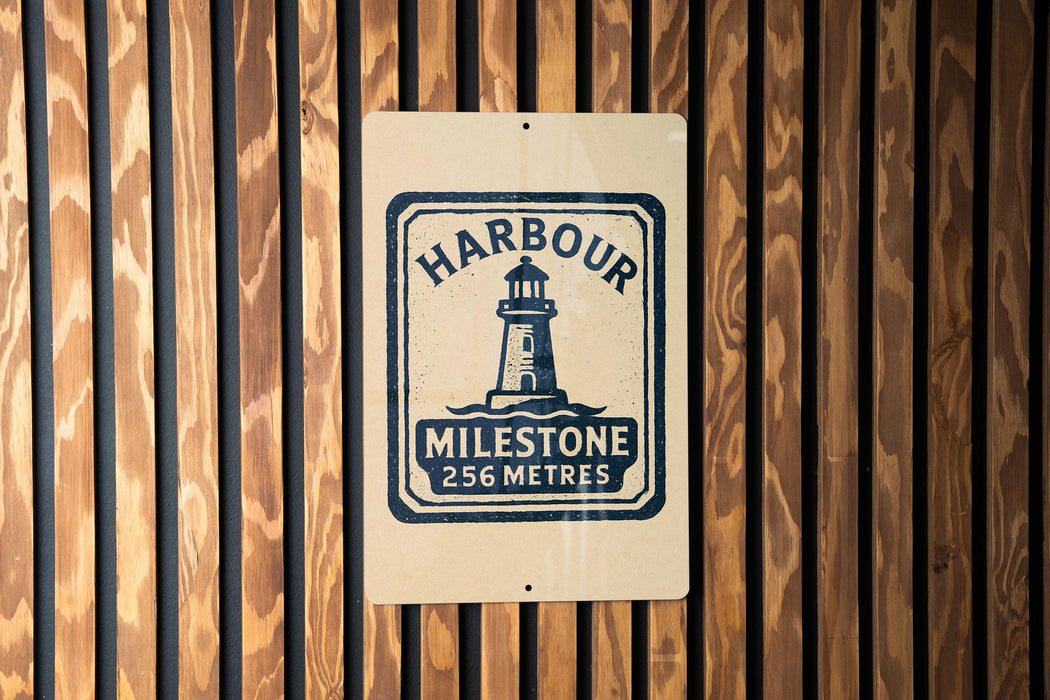 A sign with the text "HARBOUR MILESTONE 256 METRES" is displayed on a wooden wall.