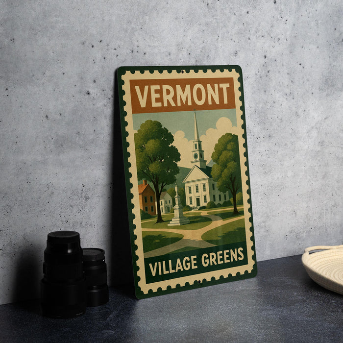 A vintage-style metal sign for Vermont Village Greens, featuring a church and a park scene, is displayed on a gray countertop next to some black camera lenses.