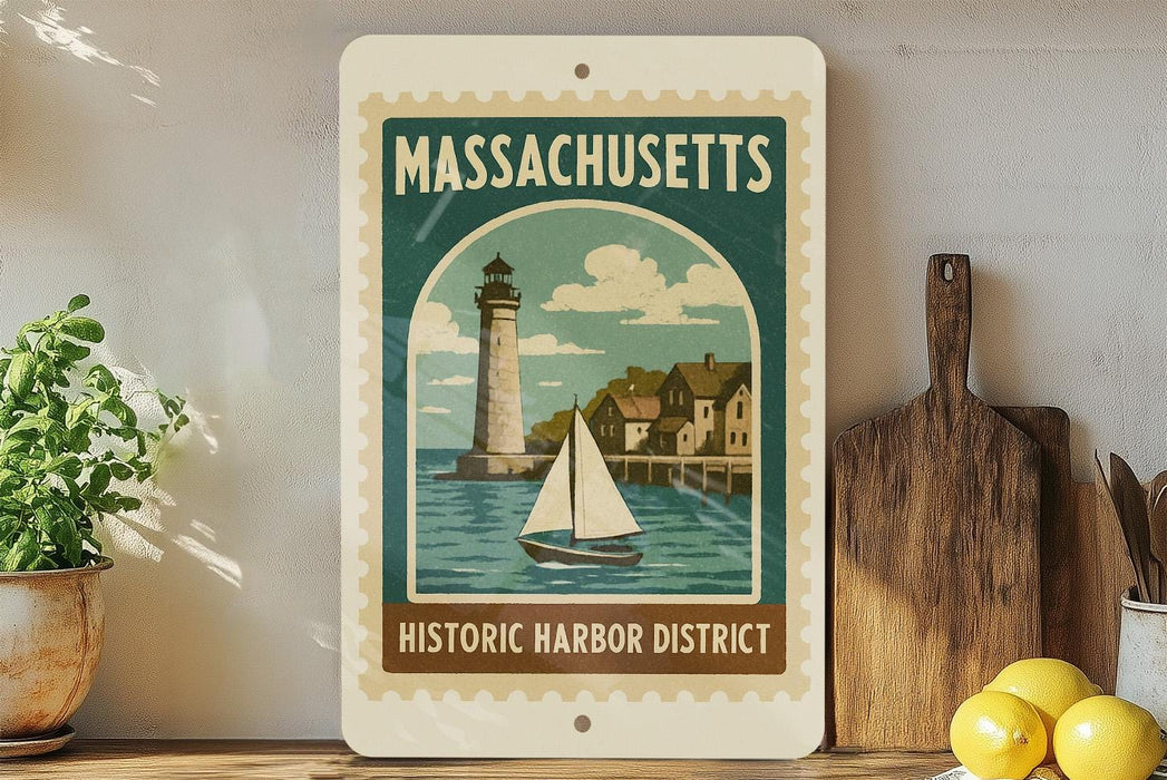 A vintage-style sign for the Historic Harbor District in Massachusetts, featuring a lighthouse and a sailboat on a body of water.