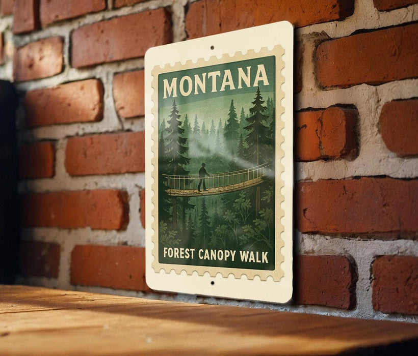 A metal sign with a vintage-style illustration of a forest canopy walk in Montana, mounted on a brick wall.