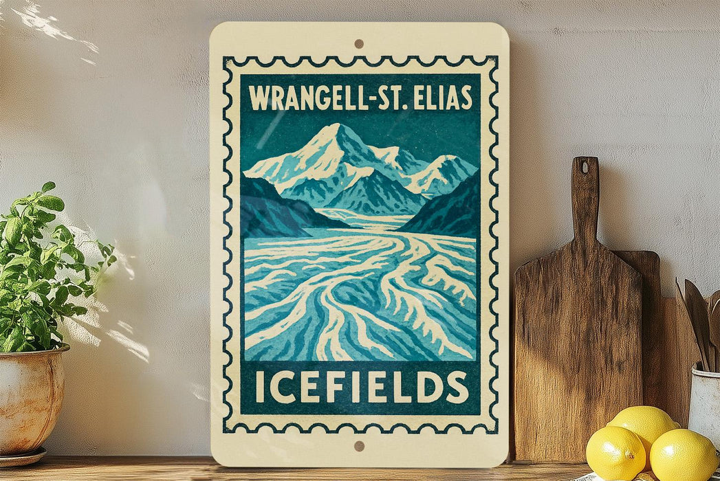 A vintage-style sign for Wrangel-St. Elias Icefields, featuring a mountain landscape with a river flowing through it.