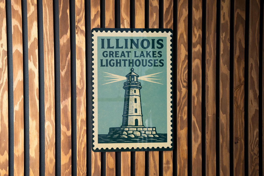 A vintage-style sign for the Illinois Great Lakes Lighthouses, featuring a lighthouse illustration on a wooden background.