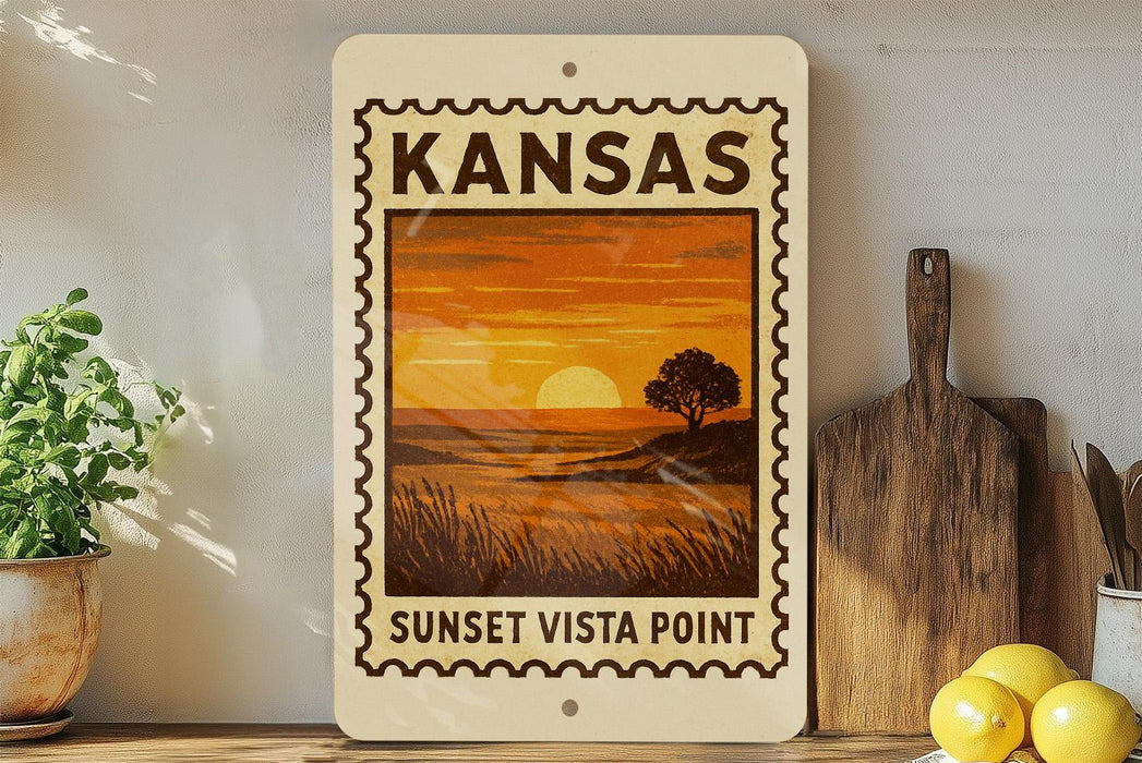 A Kansas sunset stamp is displayed on a shelf, with a wooden cutting board and a potted plant nearby.
