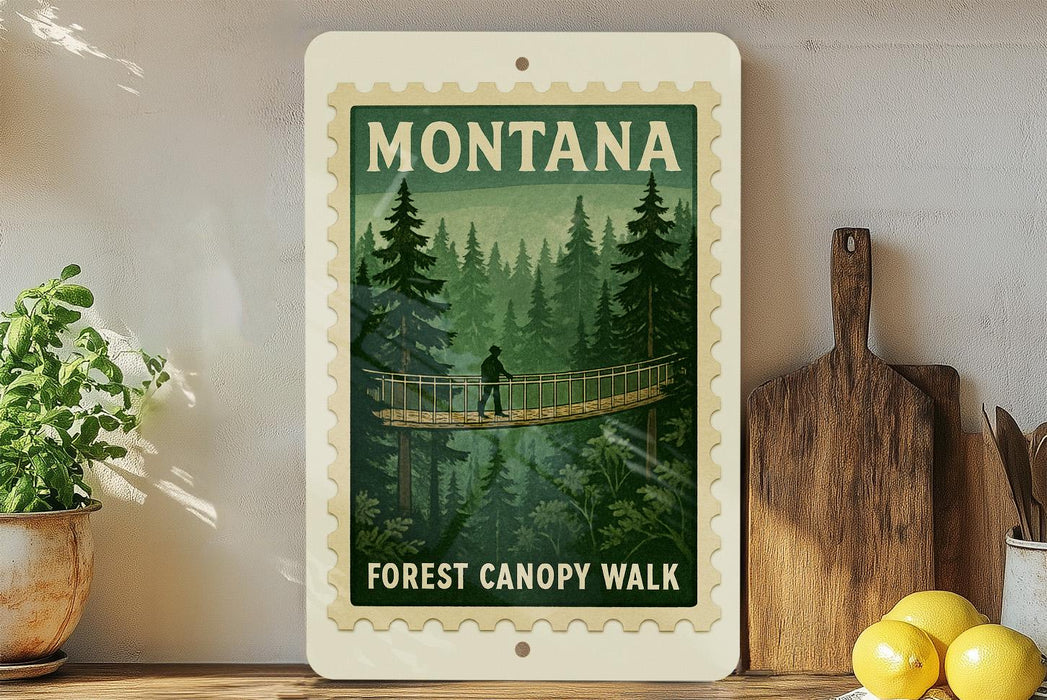A framed poster of a forest canopy walk in Montana, featuring a person walking on a suspension bridge surrounded by pine trees.