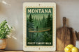 A framed poster of a forest canopy walk in Montana, featuring a person walking on a suspension bridge surrounded by pine trees.