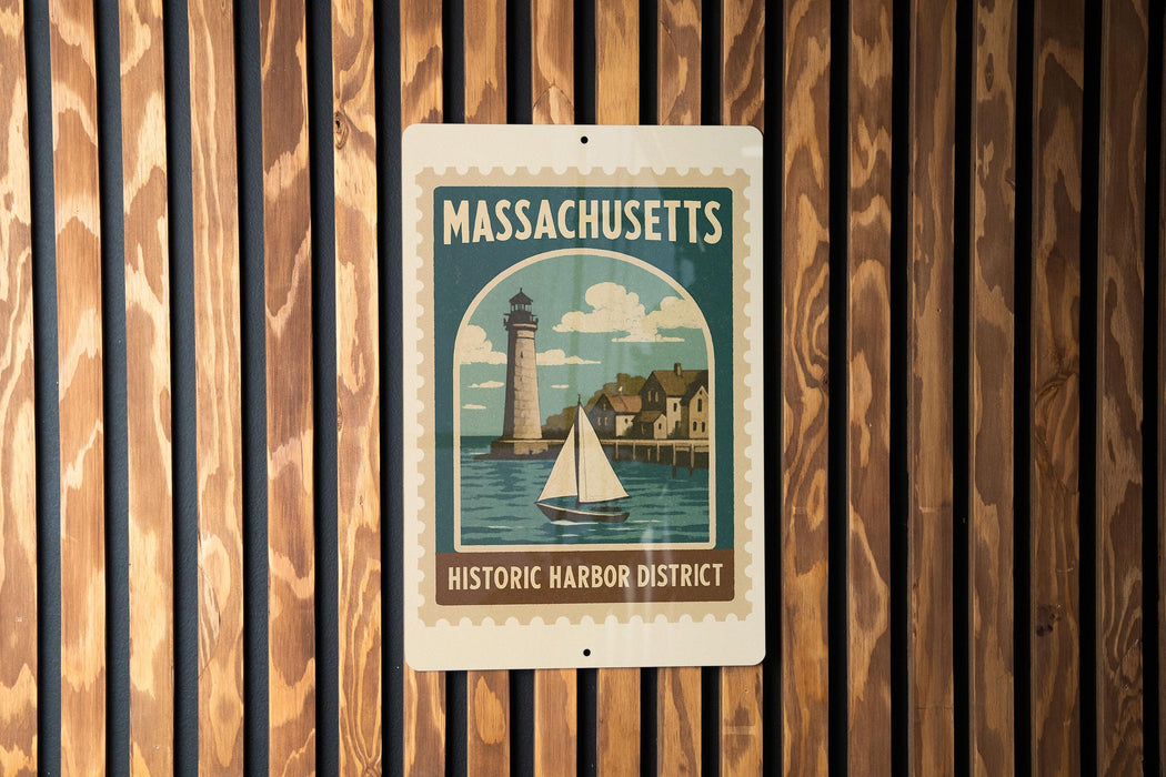 A metal sign with a vintage-style illustration of a lighthouse and a small sailboat, mounted on a wooden wall.