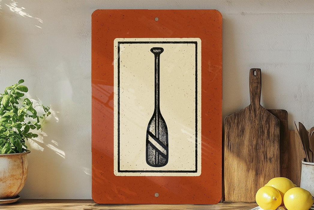 a wooden shelf with various kitchen items, including a paddle, a cutting board, and some lemons.