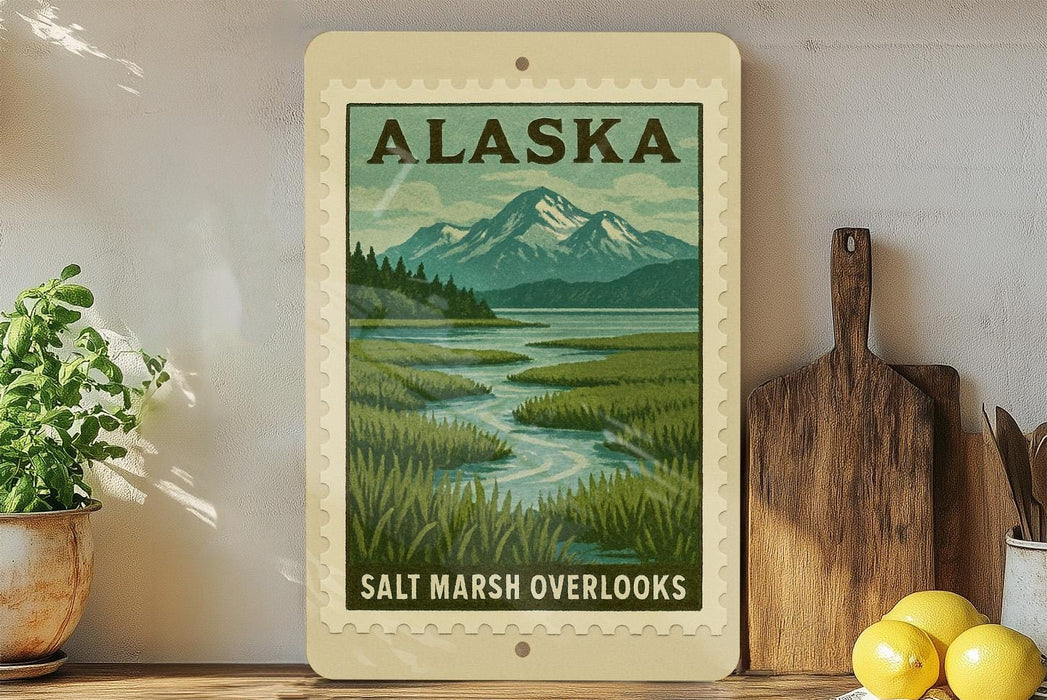 A framed poster of a scenic landscape with mountains and a river, depicting the Salt Marsh Overlooks in Alaska.