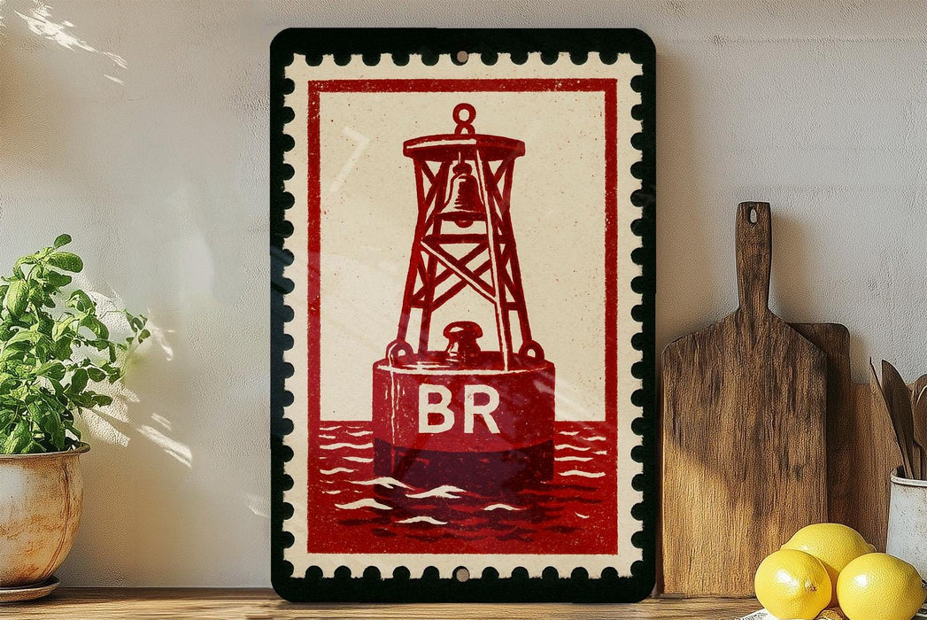 a framed print of a red buoy with the letter "B" on it, displayed on a shelf next to a wooden cutting board and some potted plants.
