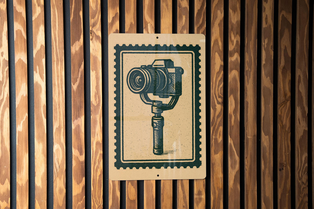 a close-up of a sign with a camera depicted on it, mounted on a wooden wall.
