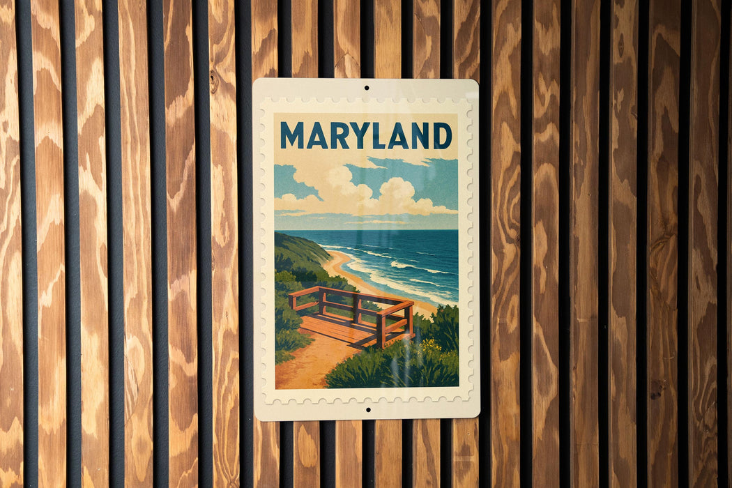 A framed poster of a scenic beach view in Maryland, featuring a wooden bench overlooking the ocean.