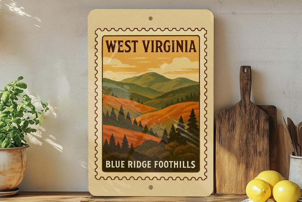 A framed vintage-style poster of West Virginia, featuring a mountain landscape with pine trees, is displayed on a shelf next to a wooden cutting board and a potted plant.