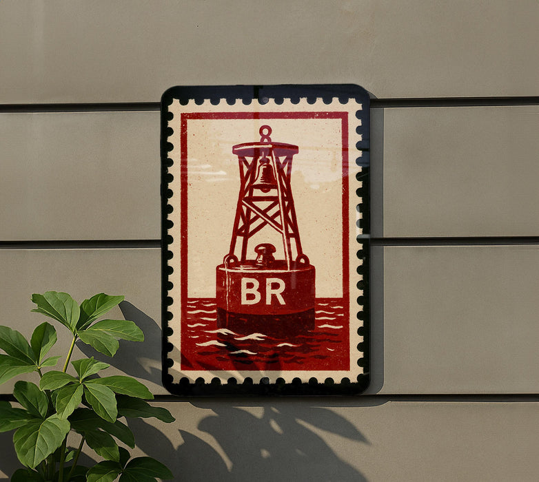 a red buoy with the letter "B" on it, mounted on a wall.