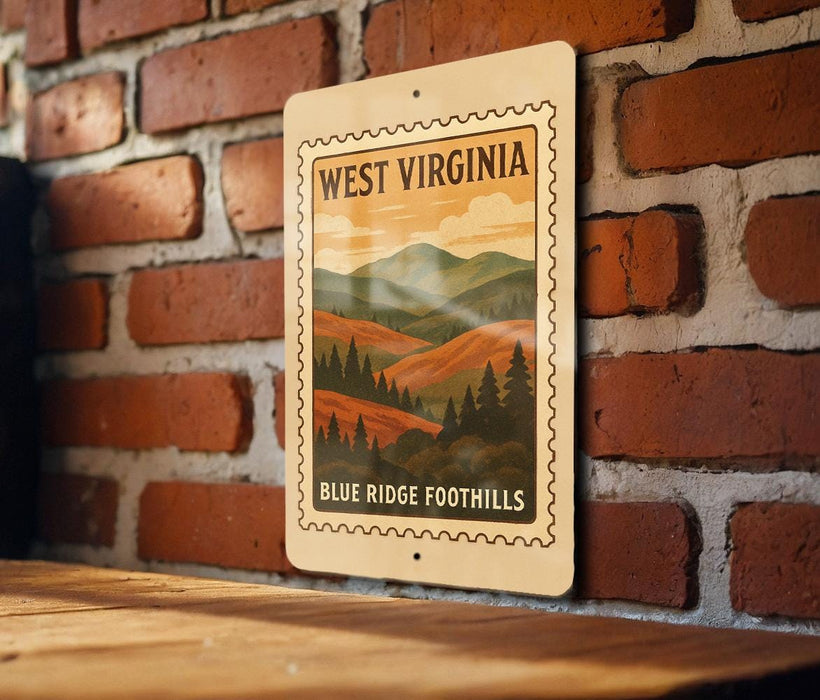 A vintage-style metal sign with the text "WEST VIRGINIA" and "BLUE RIDGE FOOTHILLS" is displayed on a brick wall.