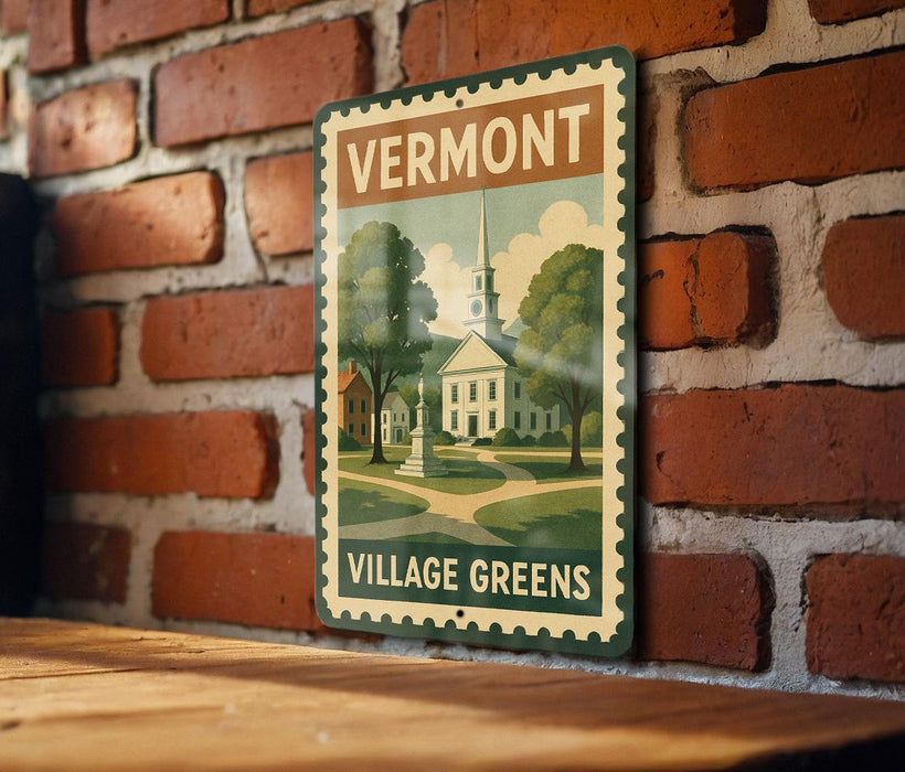 A vintage-style metal sign with the text "Vermont Village Greens" displayed on a brick wall.