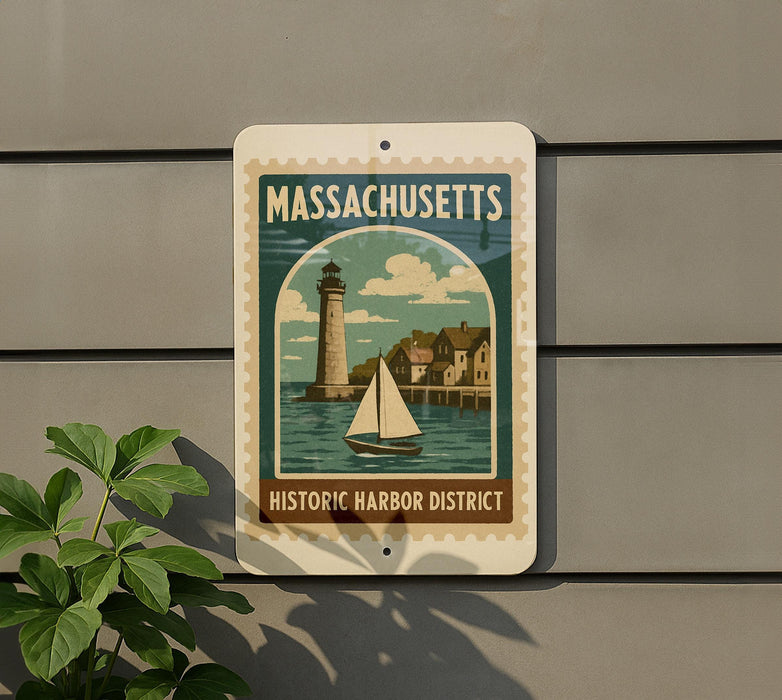 A sign for the Massachusetts Historic Harbor District, featuring a lighthouse and a sailboat on a body of water.