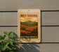 A sign for West Virginia featuring a mountain landscape with pine trees and a warm, orange sky.