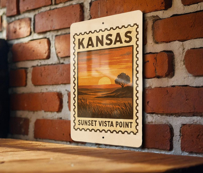 A metal sign with a sunset landscape and the text "KANSAS SUNSET Vista Point" is displayed on a brick wall.