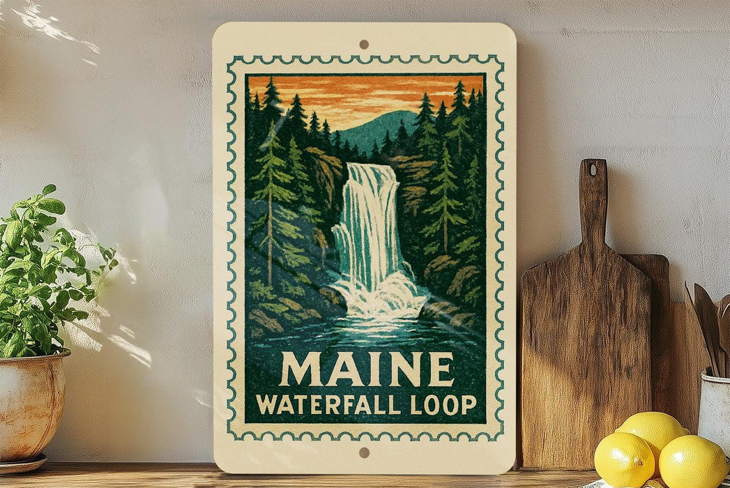 A framed illustration of a waterfall surrounded by pine trees, with the text "MAINE WATERFALL LOOP" below the image.