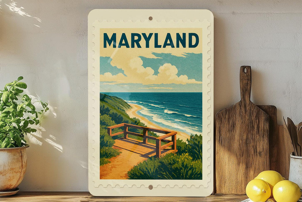 A framed poster of a scenic beach view in Maryland, featuring a wooden bench overlooking the ocean.