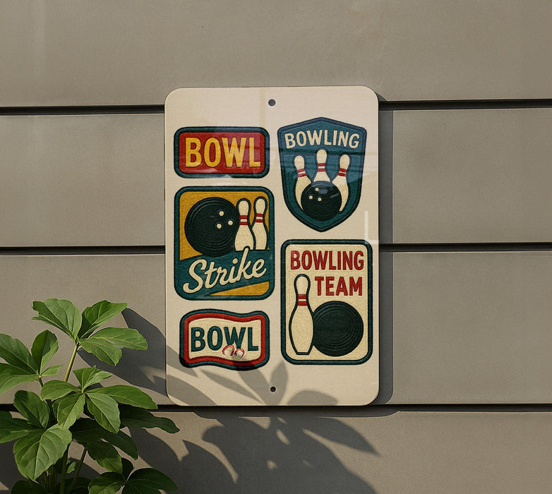 A sign with various bowling-related graphics and text is displayed on a wall, with a plant visible to the left.
