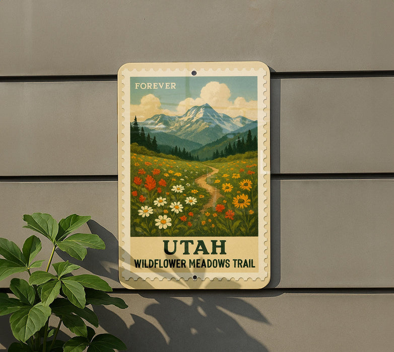 A metal sign with a mountain landscape and wildflowers, mounted on a wall.
