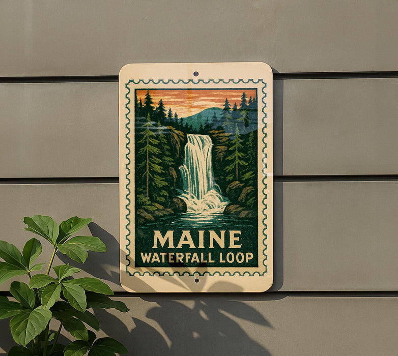 A sign for Maine Waterfall Loop, featuring a scenic illustration of a waterfall surrounded by pine trees and mountains.
