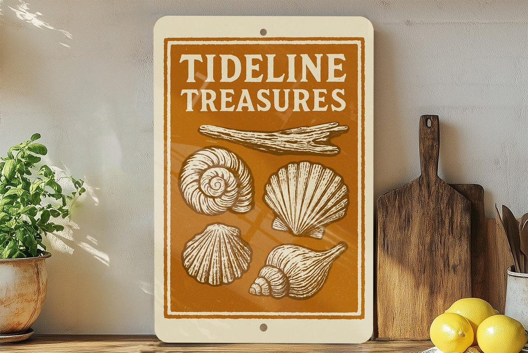 a sign with the text "TIDELINE TREASURES" and illustrations of various seashells.