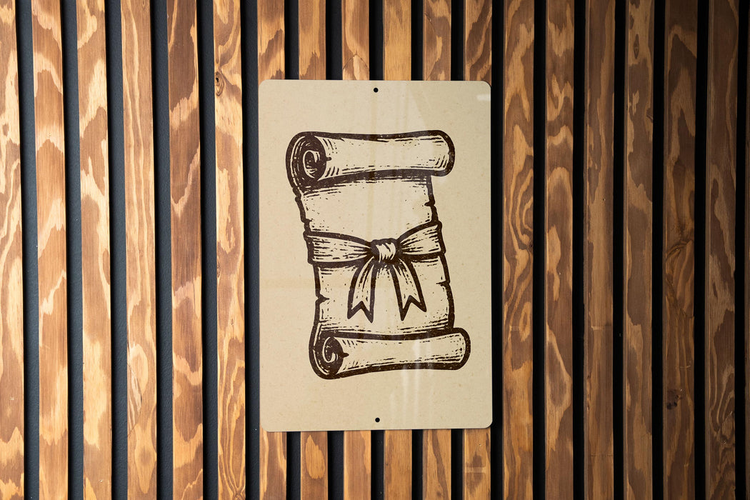a scroll with a bow on it, which is mounted on a wooden wall.