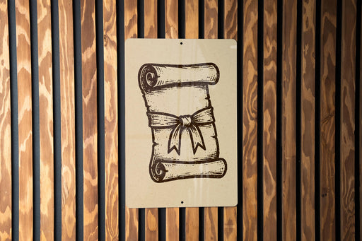 a scroll with a bow on it, which is mounted on a wooden wall.