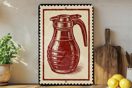 a red and white framed illustration of a coffee pot on a wooden shelf, with a potted plant and a wooden cutting board nearby.