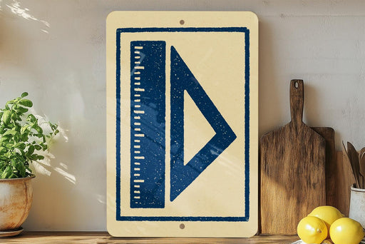 a wooden shelf with various items, including a potted plant, a wooden cutting board, and a bowl of lemons. There is also a blue sign with a white ruler on it, which appears to be a decorative piece.