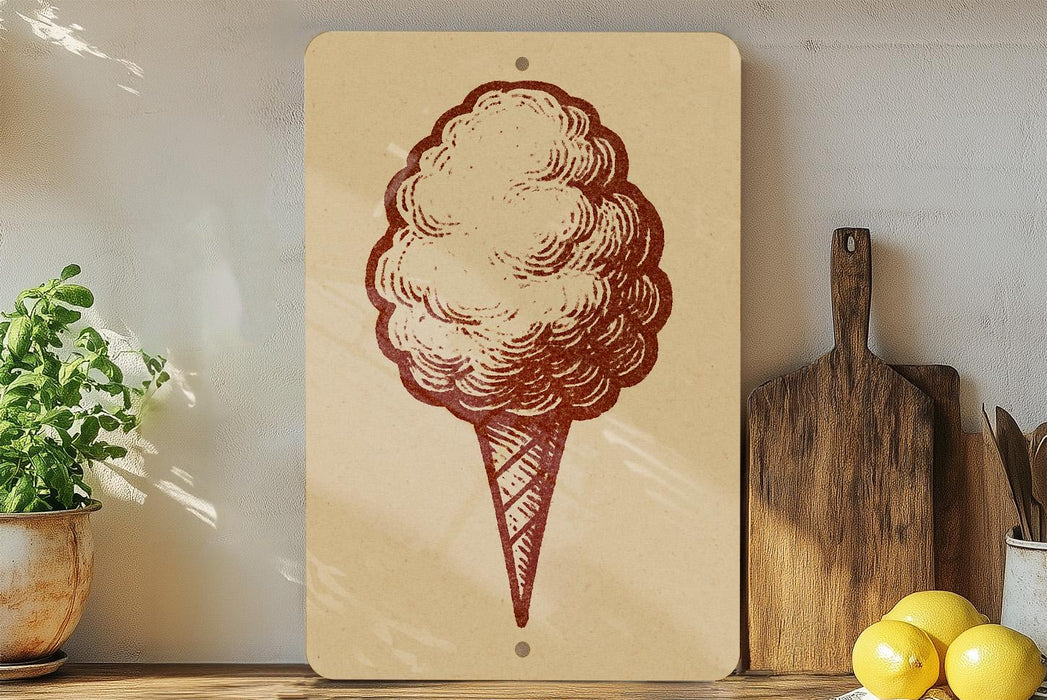 a wooden shelf with various items, including a potted plant, a wooden cutting board, and a sign depicting a cotton candy cone.