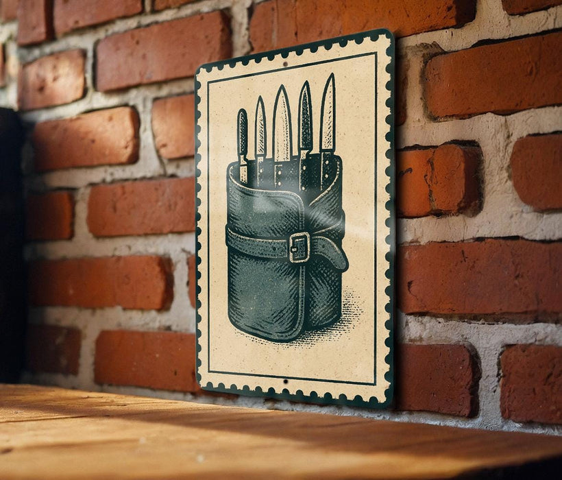 A metal sign with a graphic of a knife case mounted on a brick wall.