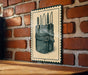 A metal sign with a graphic of a knife case mounted on a brick wall.