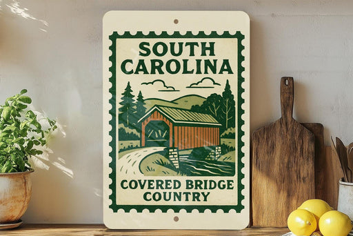 a sign for the "Covered Bridge Country" in South Carolina, with a wooden bridge and trees depicted on the sign.