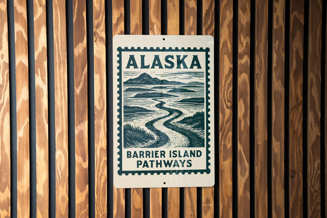 a sign for the Barrier Island Pathways in Alaska.