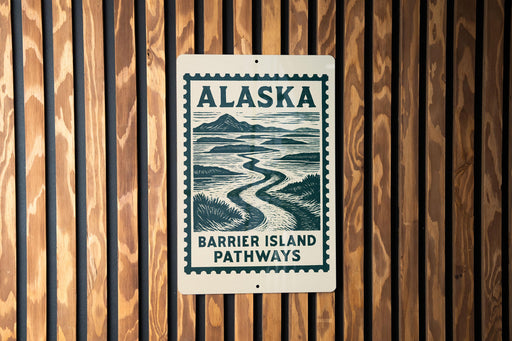 a sign for the Barrier Island Pathways in Alaska.