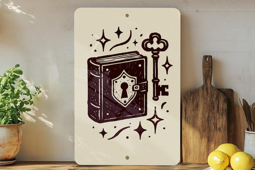 a white sign with a black illustration of a book and a key, surrounded by stars and other decorative elements.