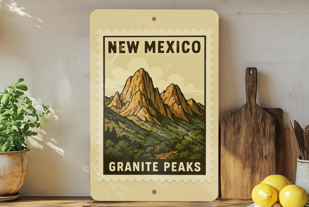 a framed poster of the Granite Peaks in New Mexico, with a wooden cutting board and a potted plant to the left.