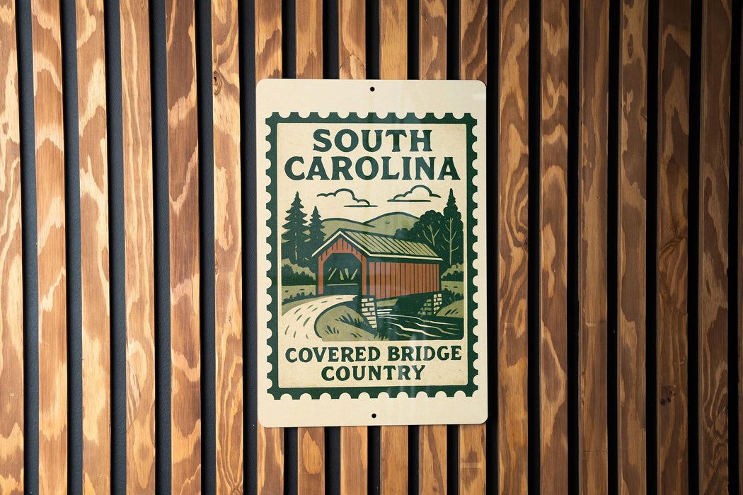 A sign for the Covered Bridge Country in South Carolina, featuring a wooden bridge and a scenic landscape.