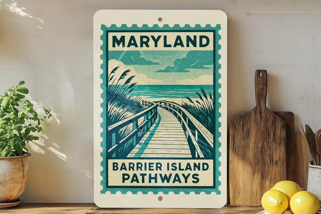 A framed poster of a wooden boardwalk path leading to a beach, with the text "Maryland Barrier Island Pathways" on it, is displayed on a wall next to a wooden cutting board and some potted plants.