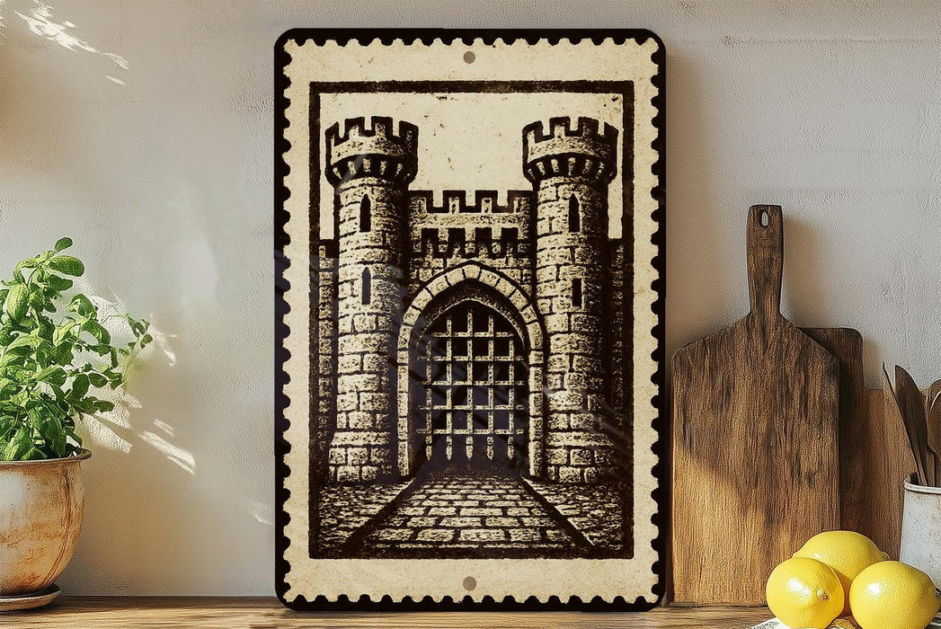 a framed illustration of a castle with two towers, placed on a shelf next to a wooden cutting board and a potted plant.