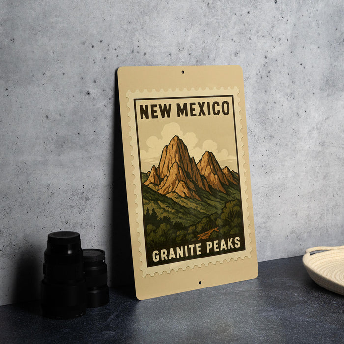 A metal sign with the text "NEW MEXICO GRAINITE PEAKS" and an illustration of a mountain range, placed on a countertop next to some black camera lenses.
