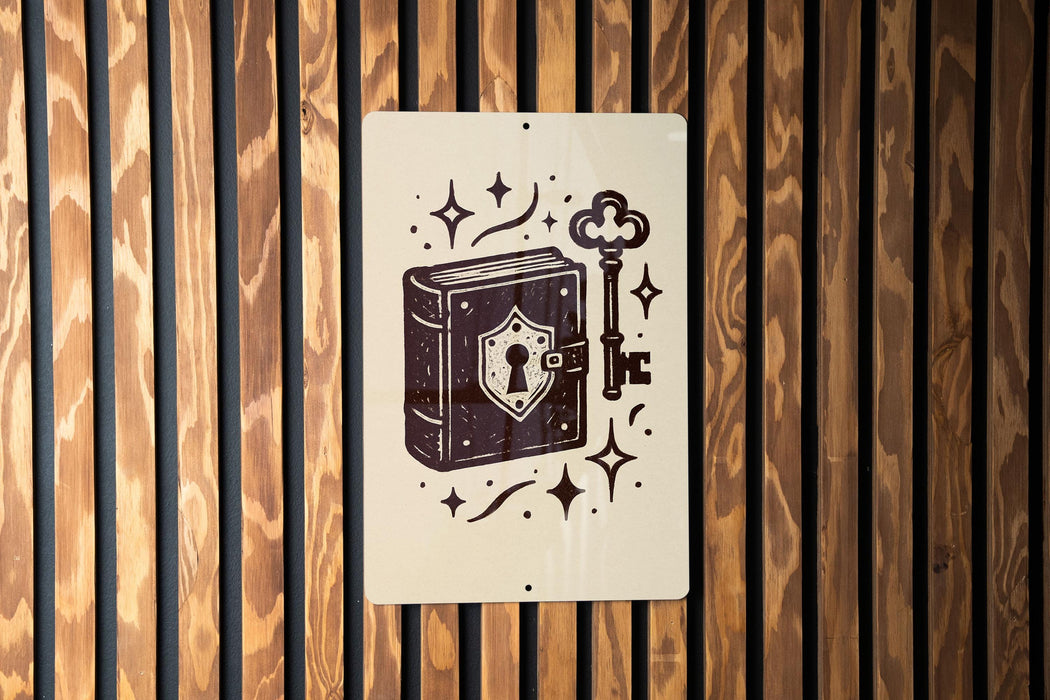 A sign with a key and a book illustration is displayed on a wooden wall.