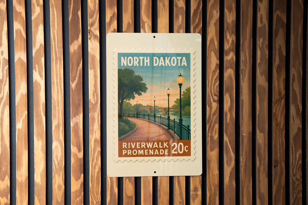 A vintage-style postage stamp from North Dakota, featuring a scenic image of a riverwalk promenade with a lamppost and trees.