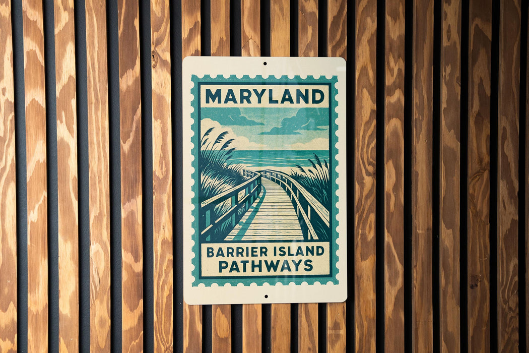 A sign for Barrier Island Pathways in Maryland is displayed on a wooden wall.